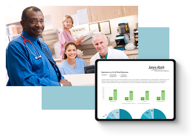 Photo of doctor and front office team with an overlayed image of a tablet showing a financial dashboard