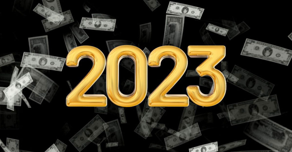 Image of money falling from the sky and a big '2023'