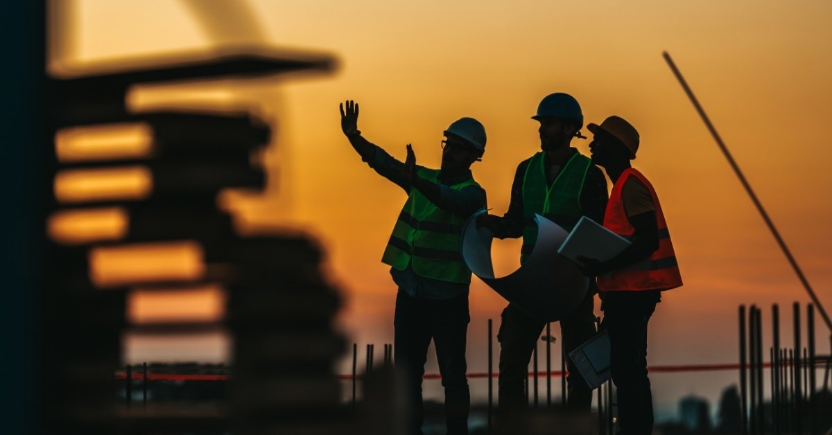 Image of 3 construction workers and contractors looking at a site at sunset