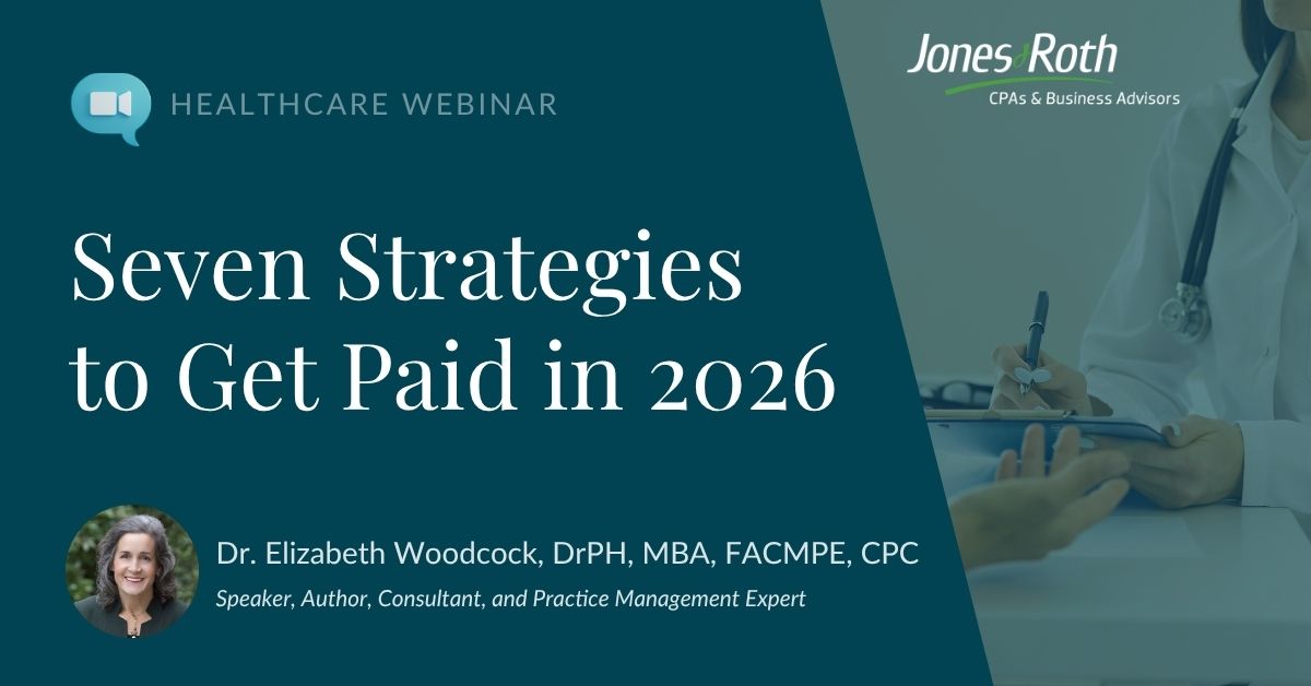 Info image about a healthcare webinar: "Seven Strategies to Get Paid in 2026"