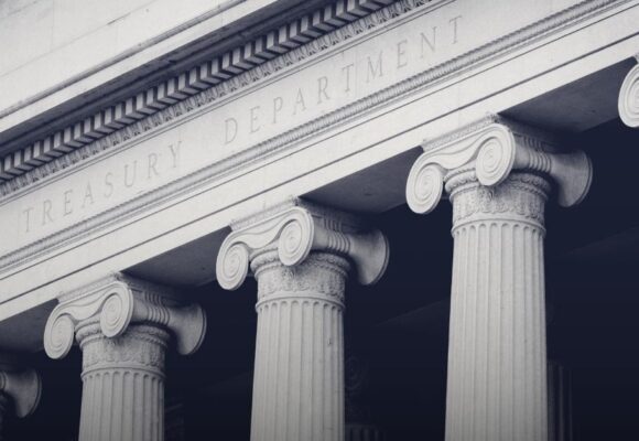Close-up image of the Treasury Department building