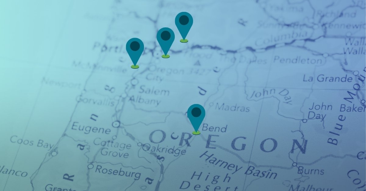 Image of a map of Oregon with location dots over Portland, Bend, Vancouver, and Lake Oswego