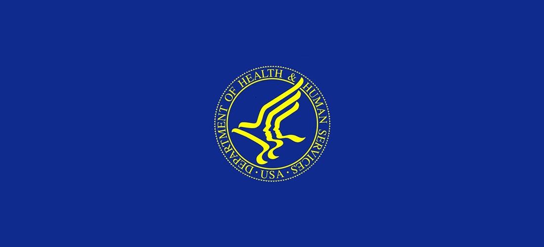 Gold logo of the Department of Health & Human Services on blue background