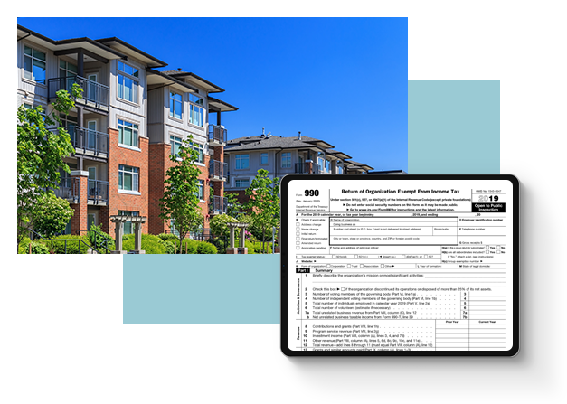 Image of affordable housing rows overlaid with tax documents