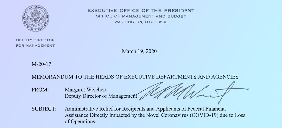Cropped image of the first page of the official OMB memo issued on March 19, 2020