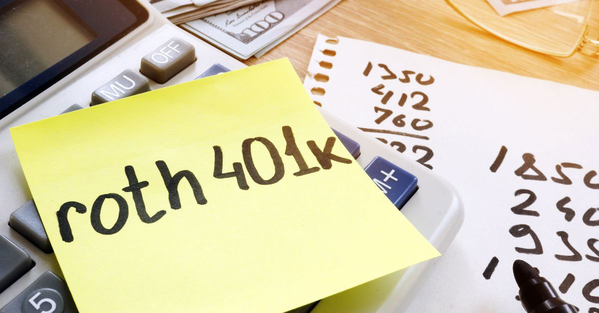 Image of a desk with money, and a sticky note that says 'roth 401k'